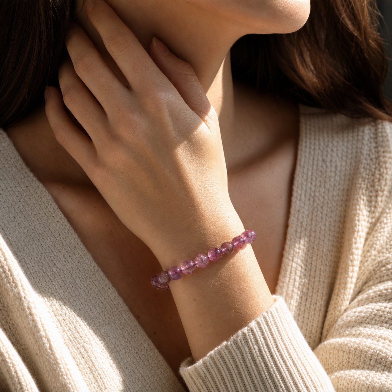 Close wrist detail of Pink & Purple Super Seven