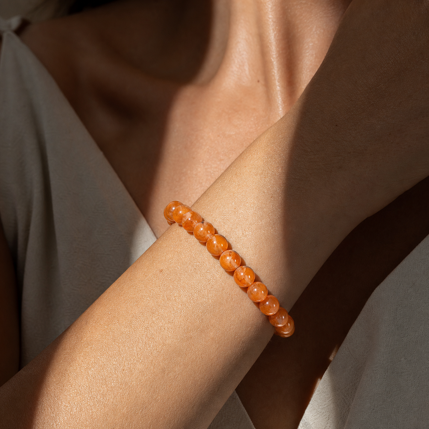 Close wrist detail of Yellow Hematoid Quartz