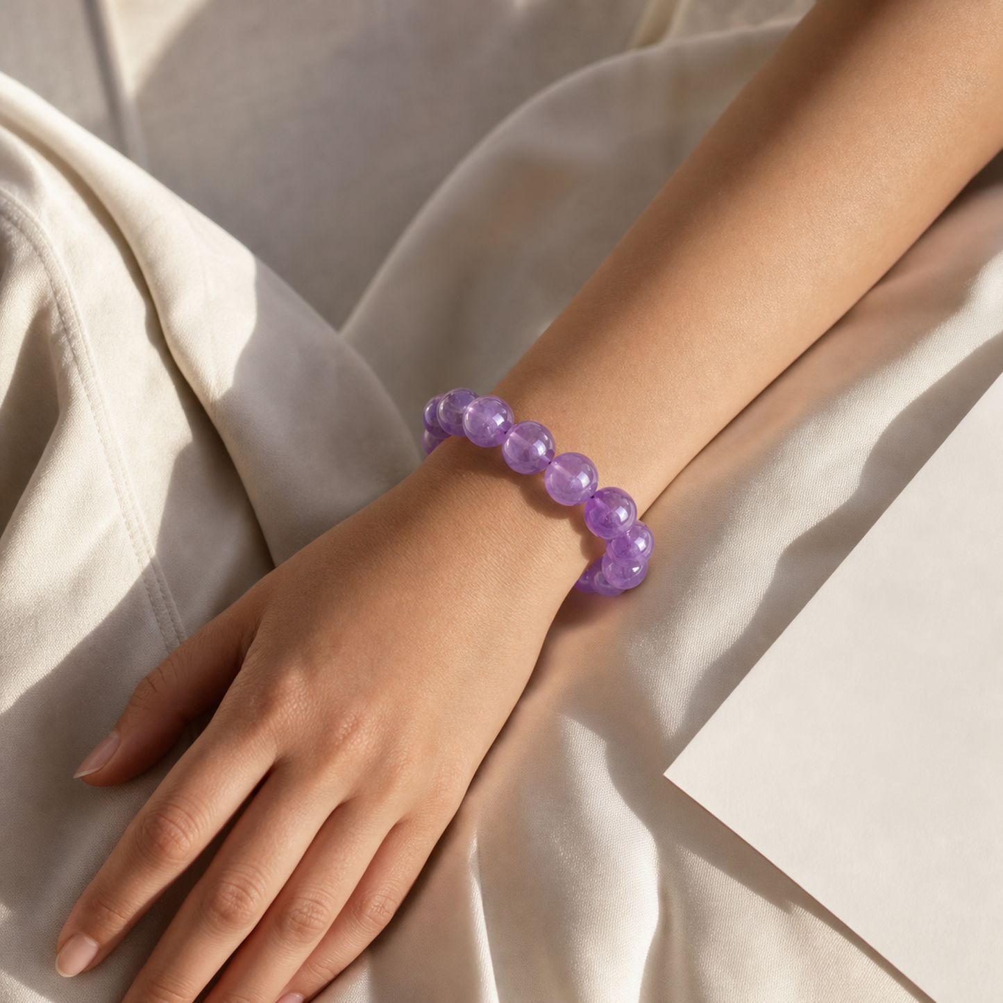 Close wrist detail of Light Amethyst