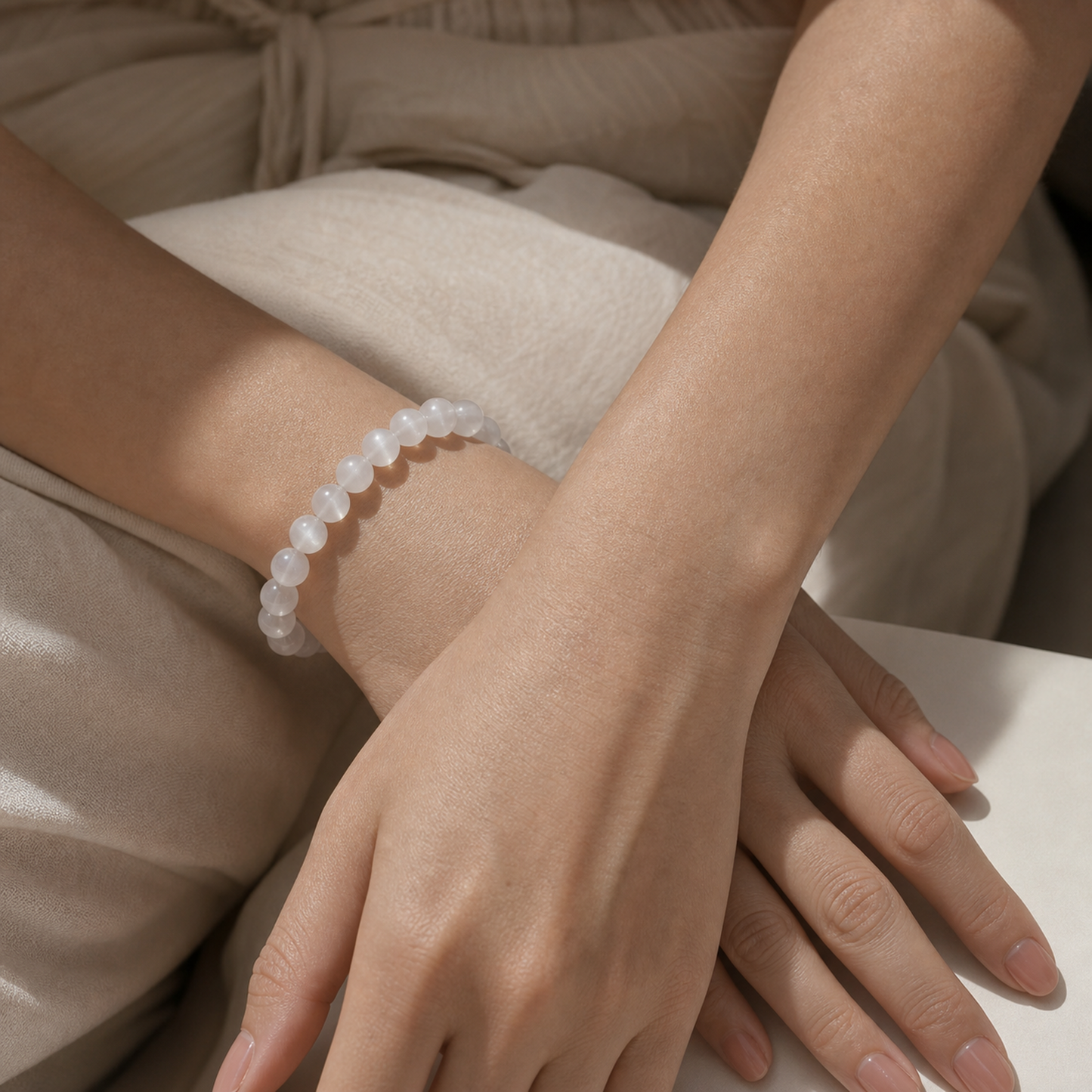 Close wrist detail of White Rabbit Hair Quartz