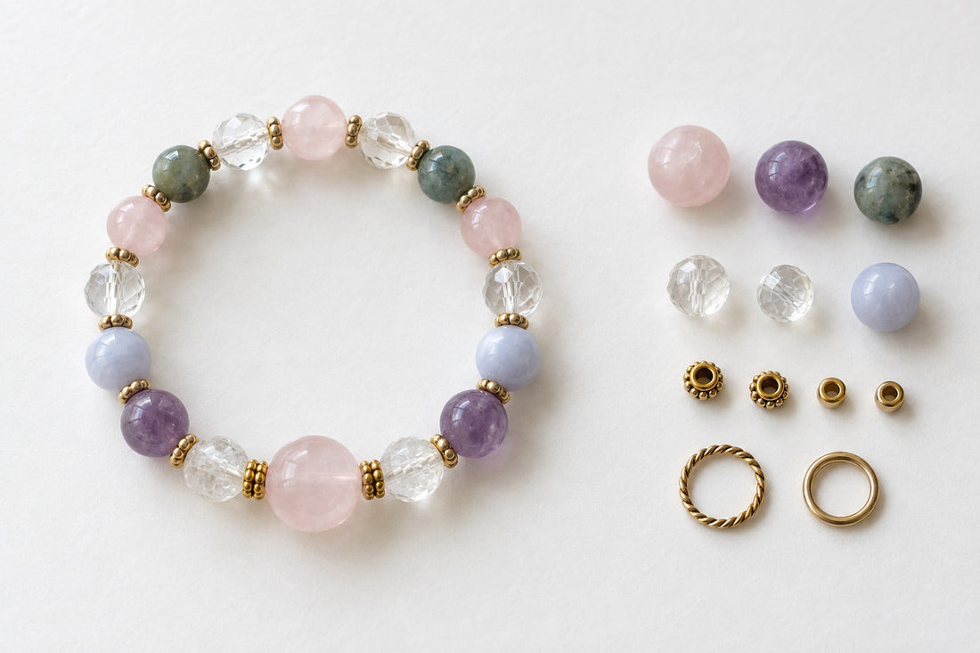 Custom crystal bracelet layout with extra beads and accessories set aside to avoid an overcrowded design.