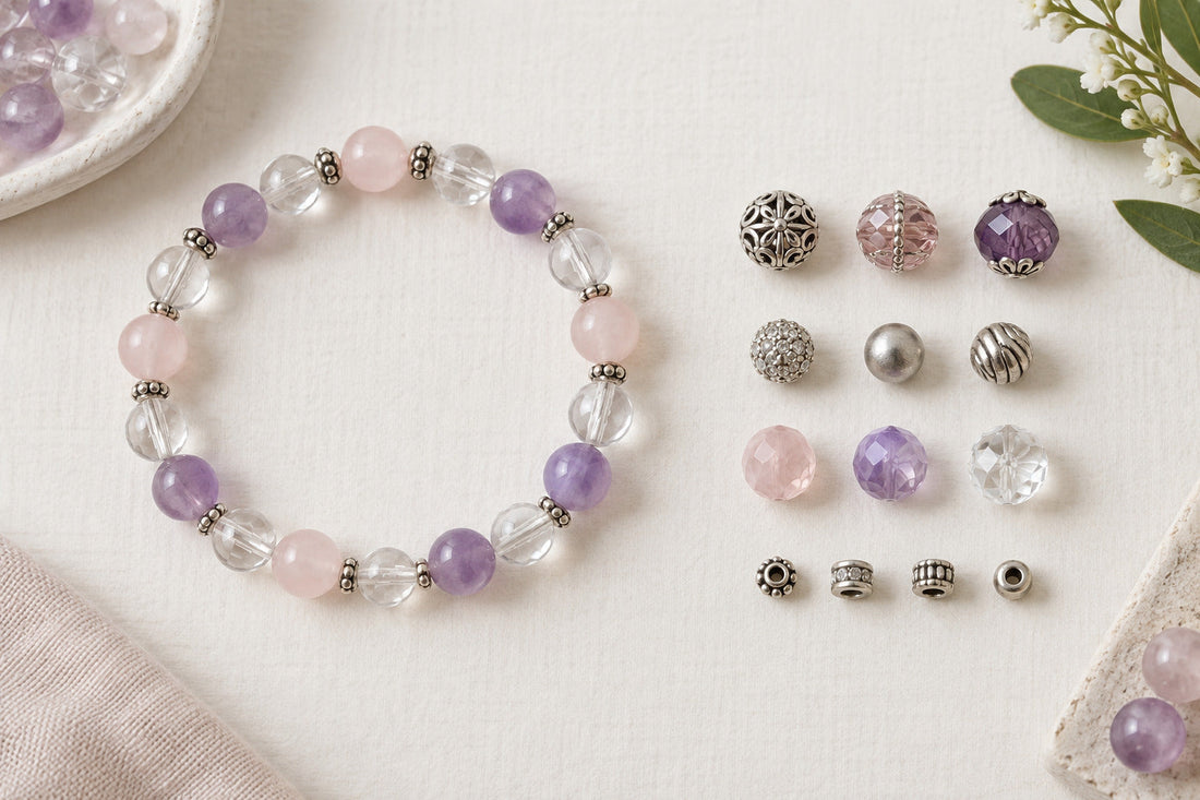 Crystal bracelet layout with accent bead options arranged beside the main bead pattern.