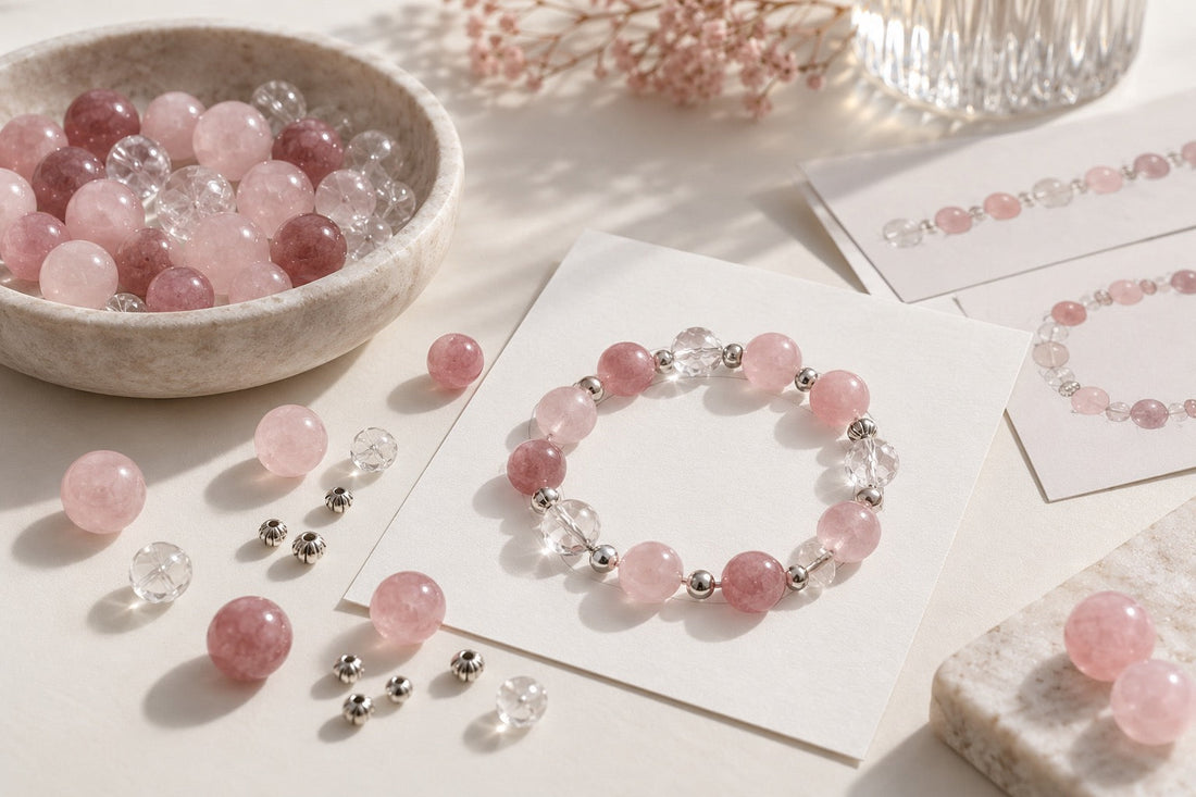 Pink and clear crystal beads arranged on blank planning cards for a custom bracelet layout.