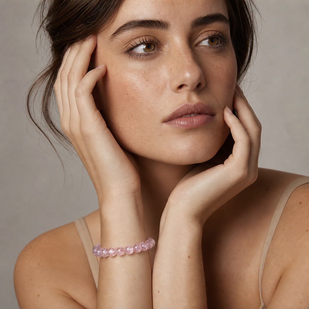 Pink Azeztulite shown on a woman from a second angle