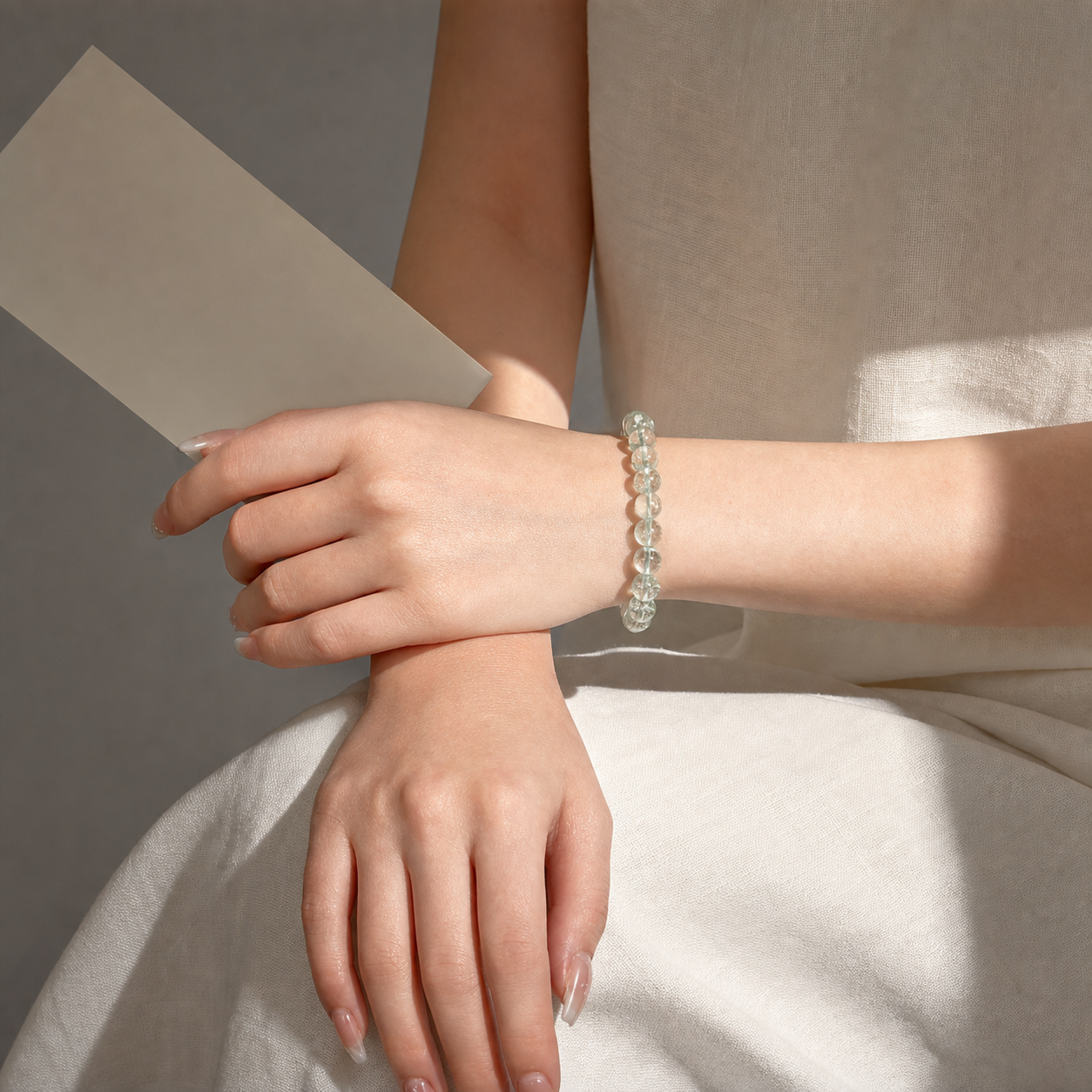 Close wrist detail of Green Azeztulite