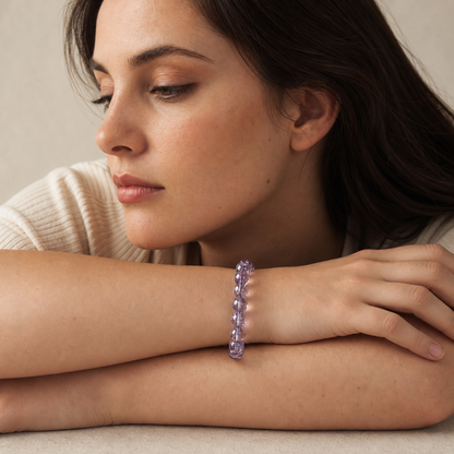 Purple Azeztulite shown on a woman from a second angle