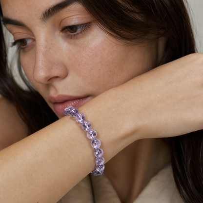 Purple Azeztulite styled on a woman in a close product view