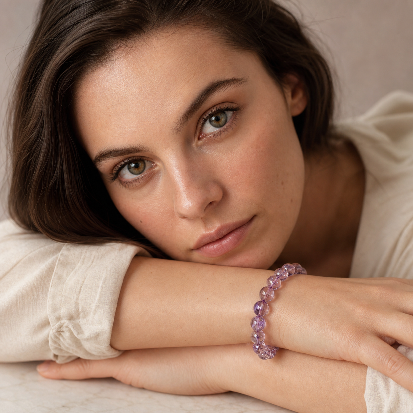 Purple Azeztulite worn by a woman with the bracelet in focus
