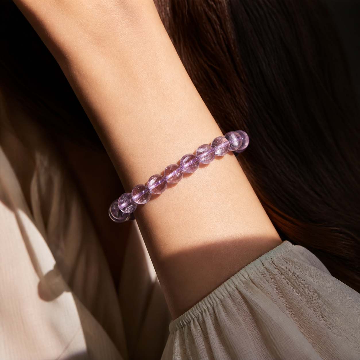 Close wrist detail of Purple Azeztulite