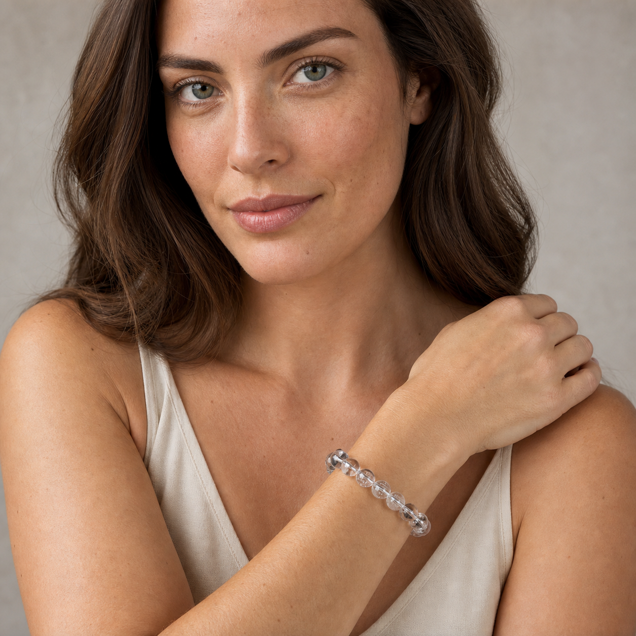 White Topaz styled on a woman in a close product view