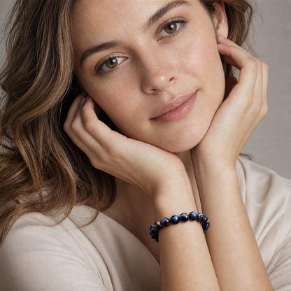 Pietersite worn by a woman with the bracelet in focus