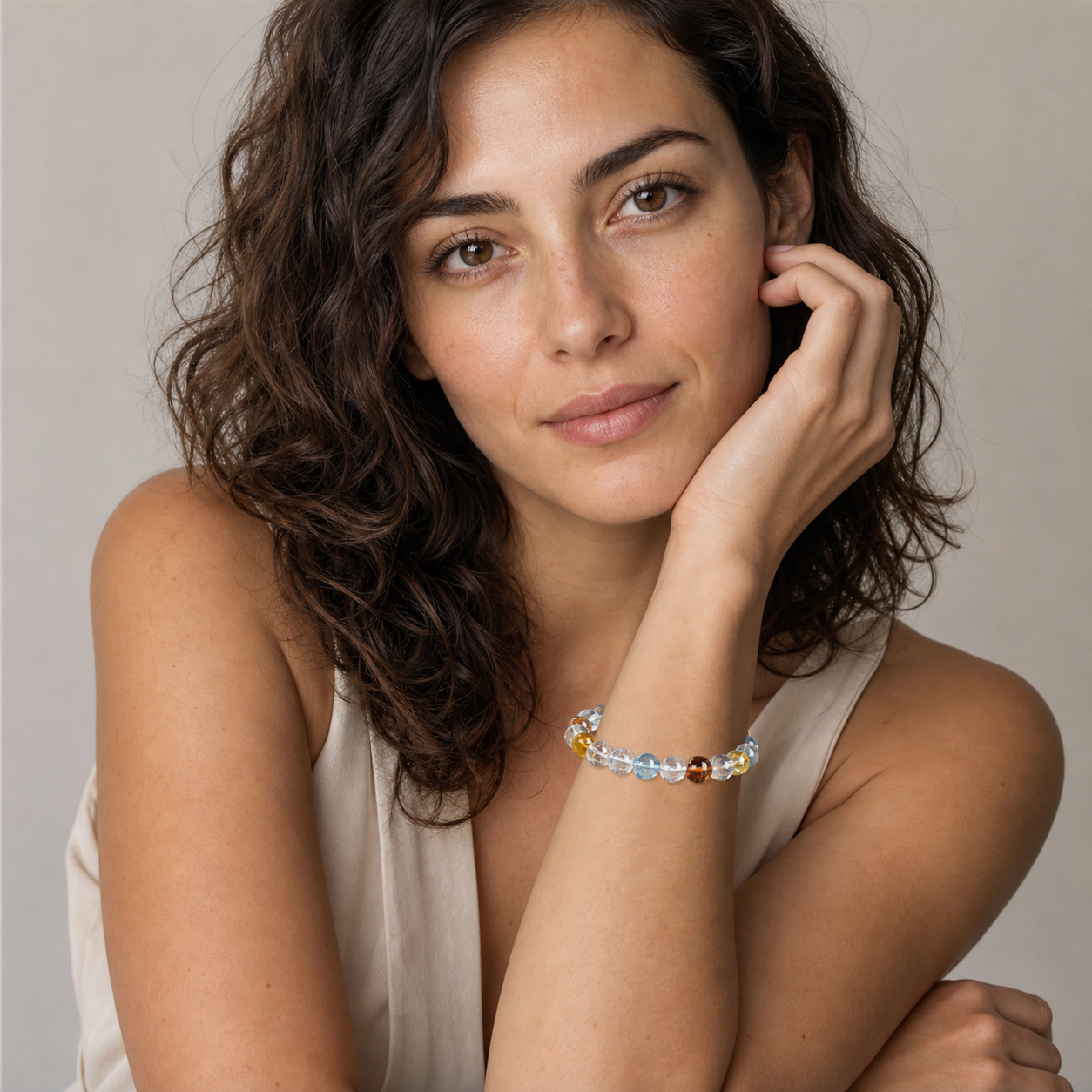 Rainbow Topaz worn by a woman