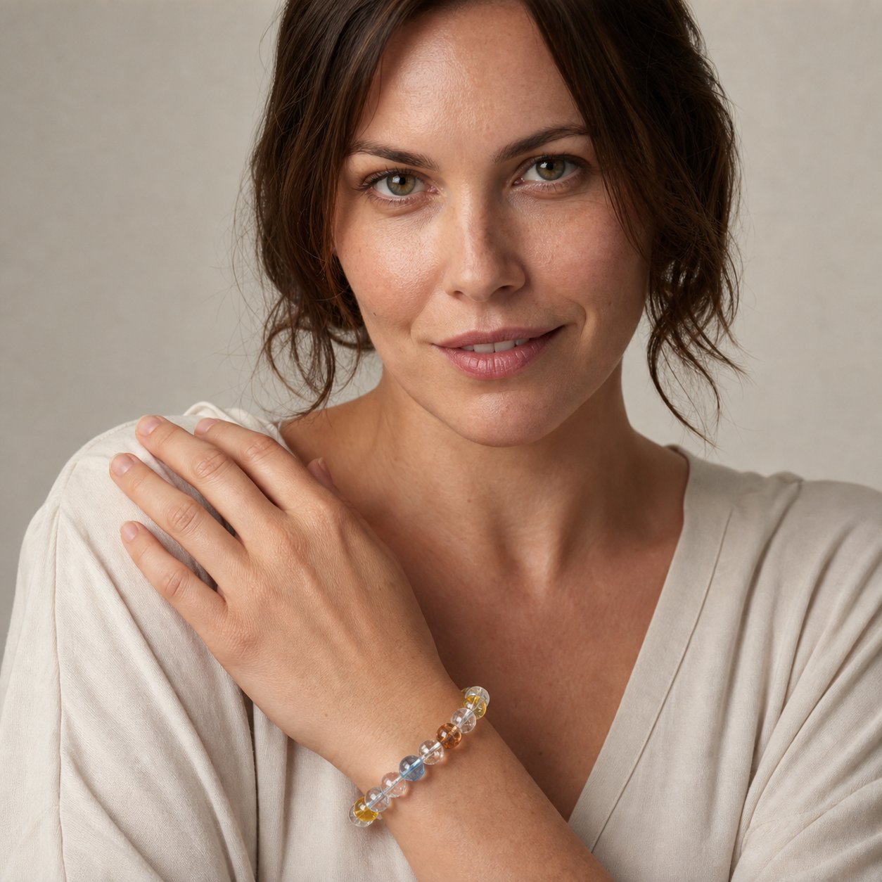 Rainbow Topaz shown on a woman from a second angle