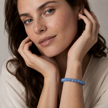 Aquamarine styled on a woman in a close product view