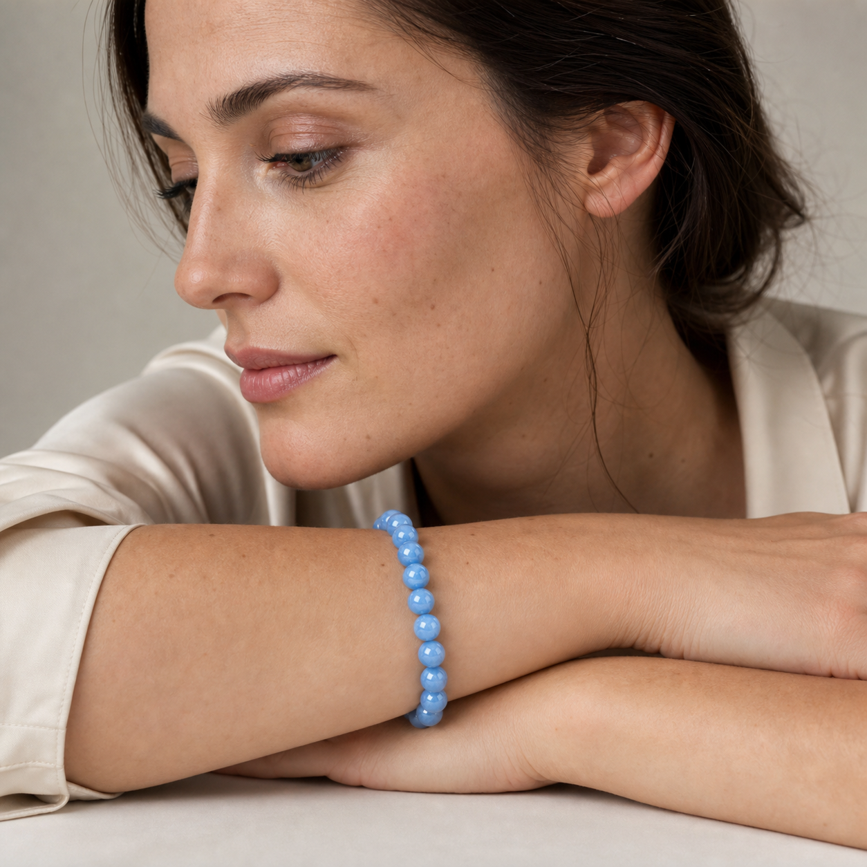 Aquamarine worn by a woman with the bracelet in focus