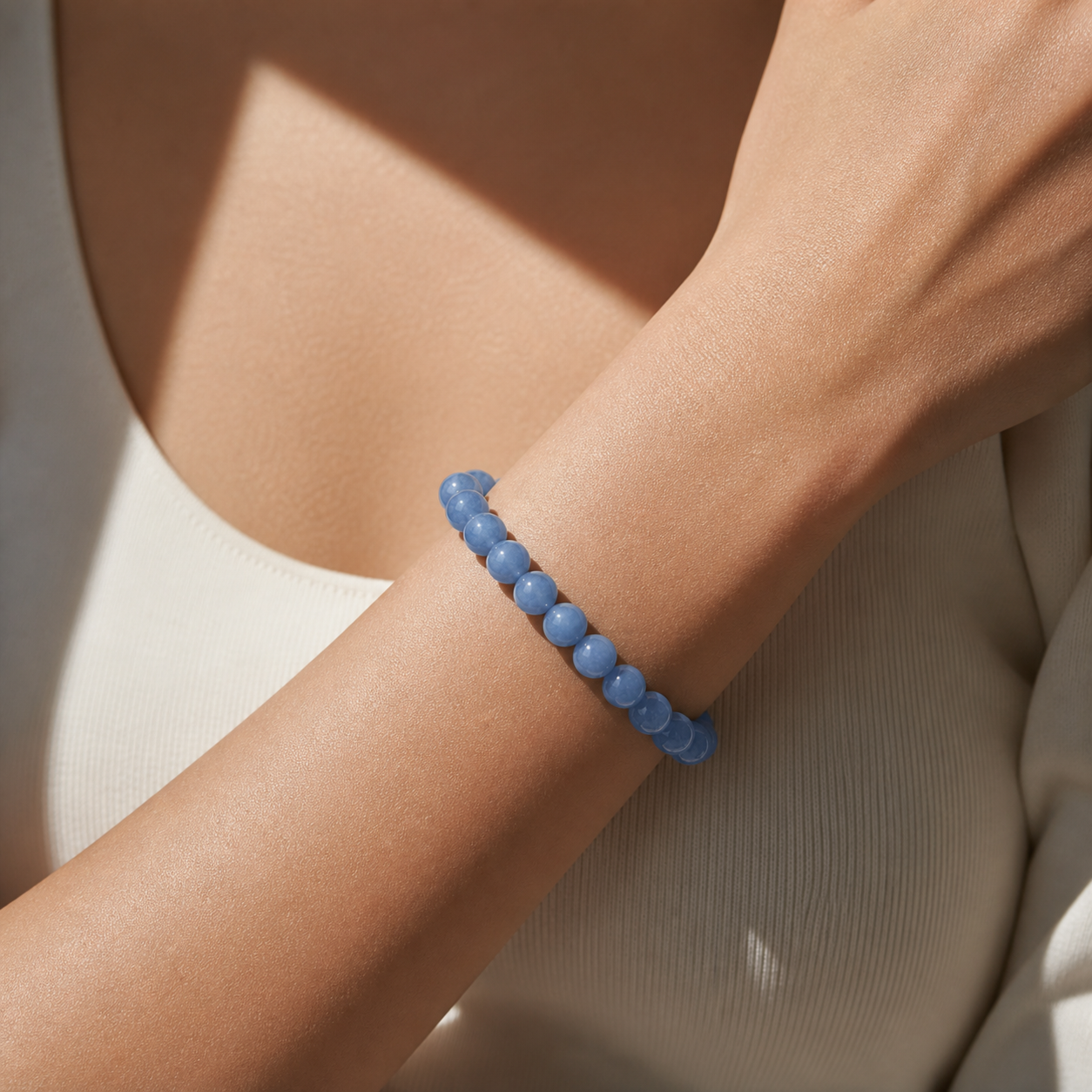 Close wrist detail of Aquamarine