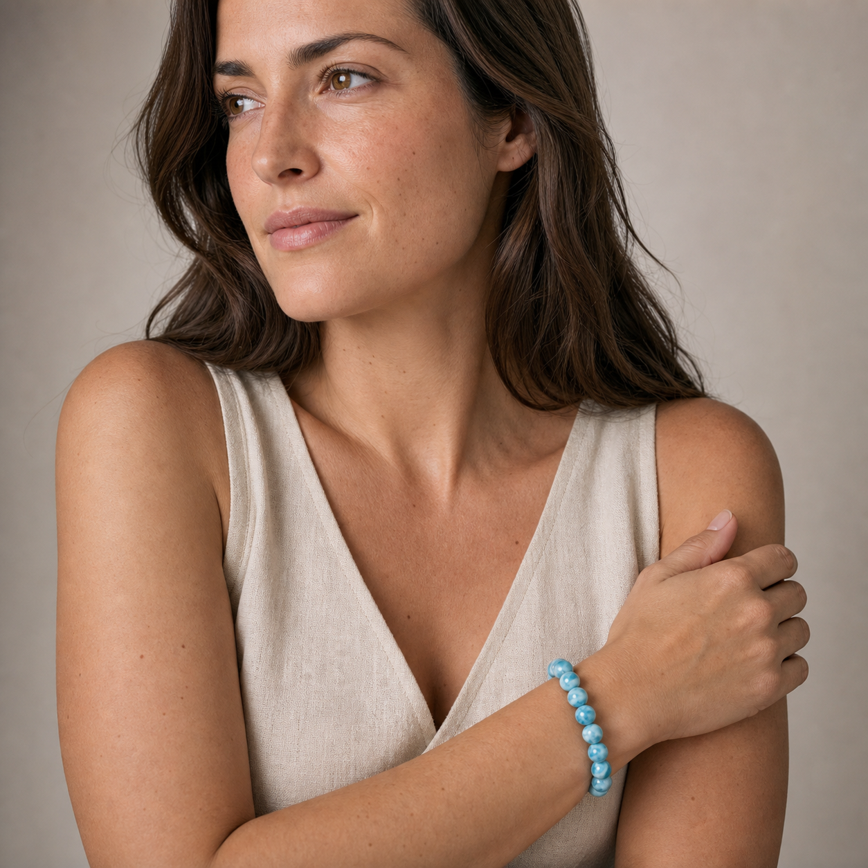 Larimar styled on a woman in a close product view