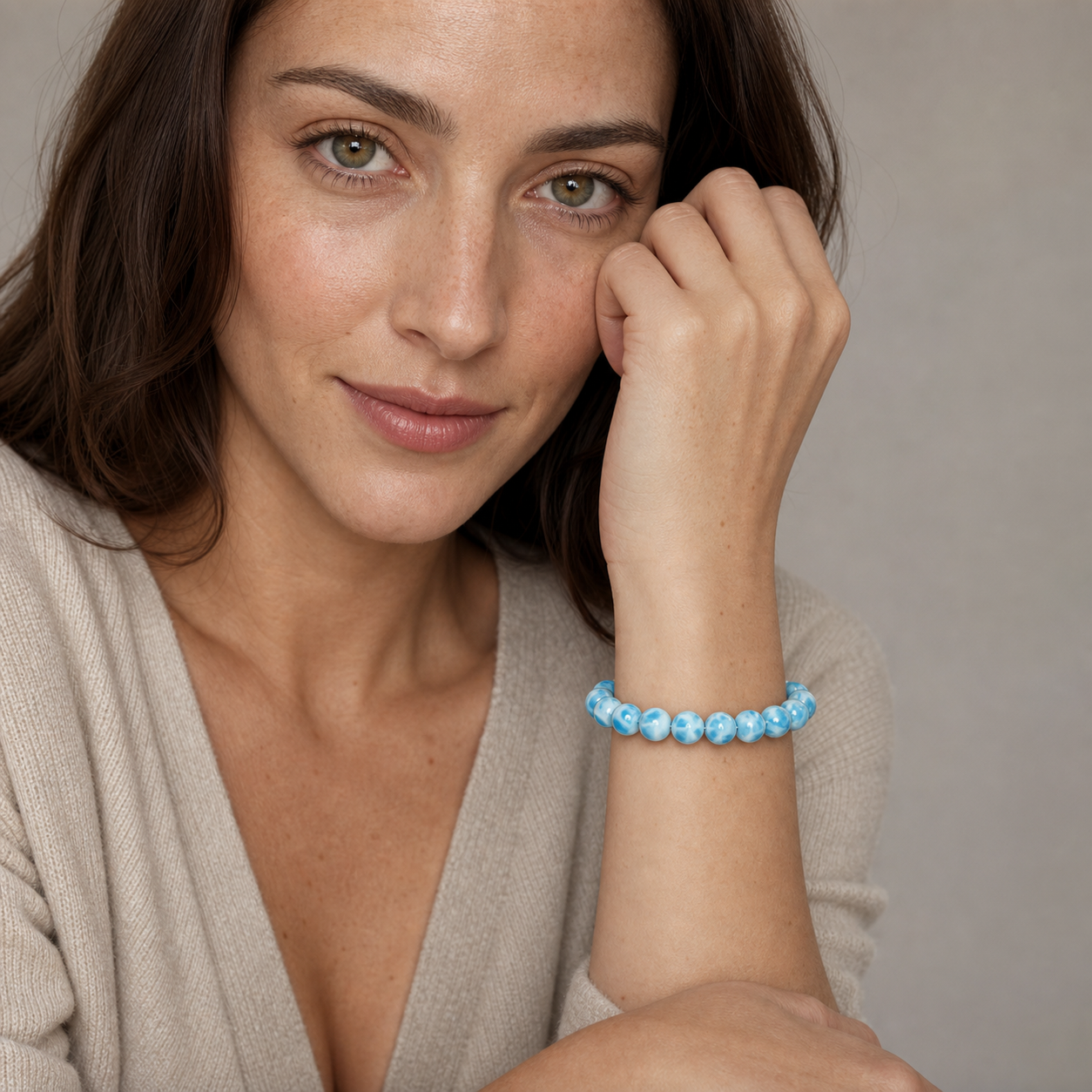 Larimar worn by a woman with the bracelet in focus