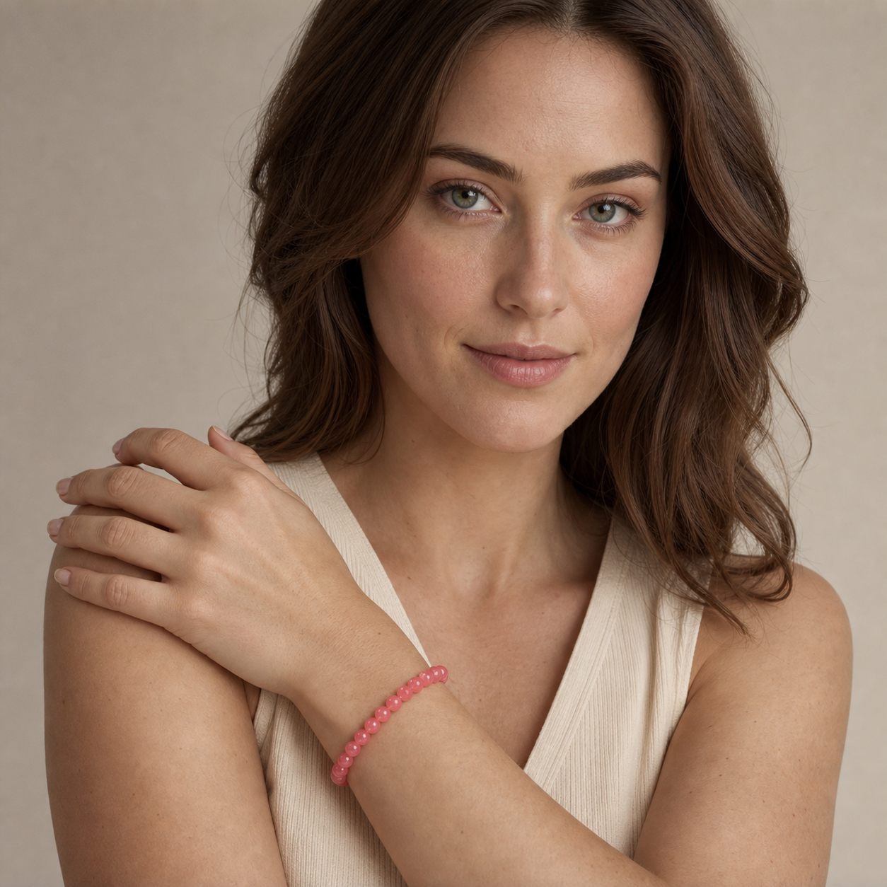 Rhodochrosite worn by a woman