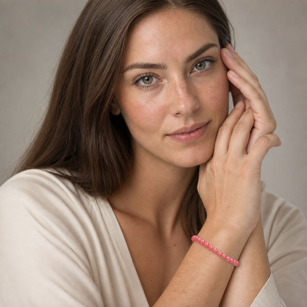 Rhodochrosite worn by a woman with the bracelet in focus