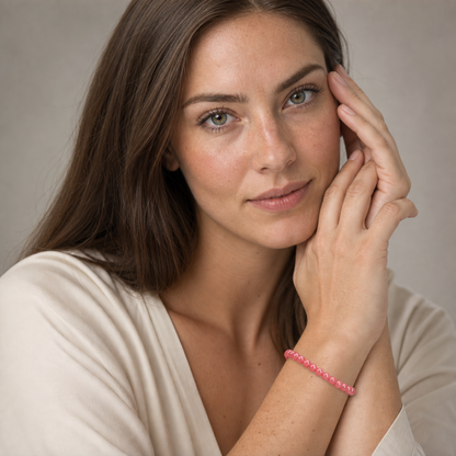 Rhodochrosite worn by a woman with the bracelet in focus