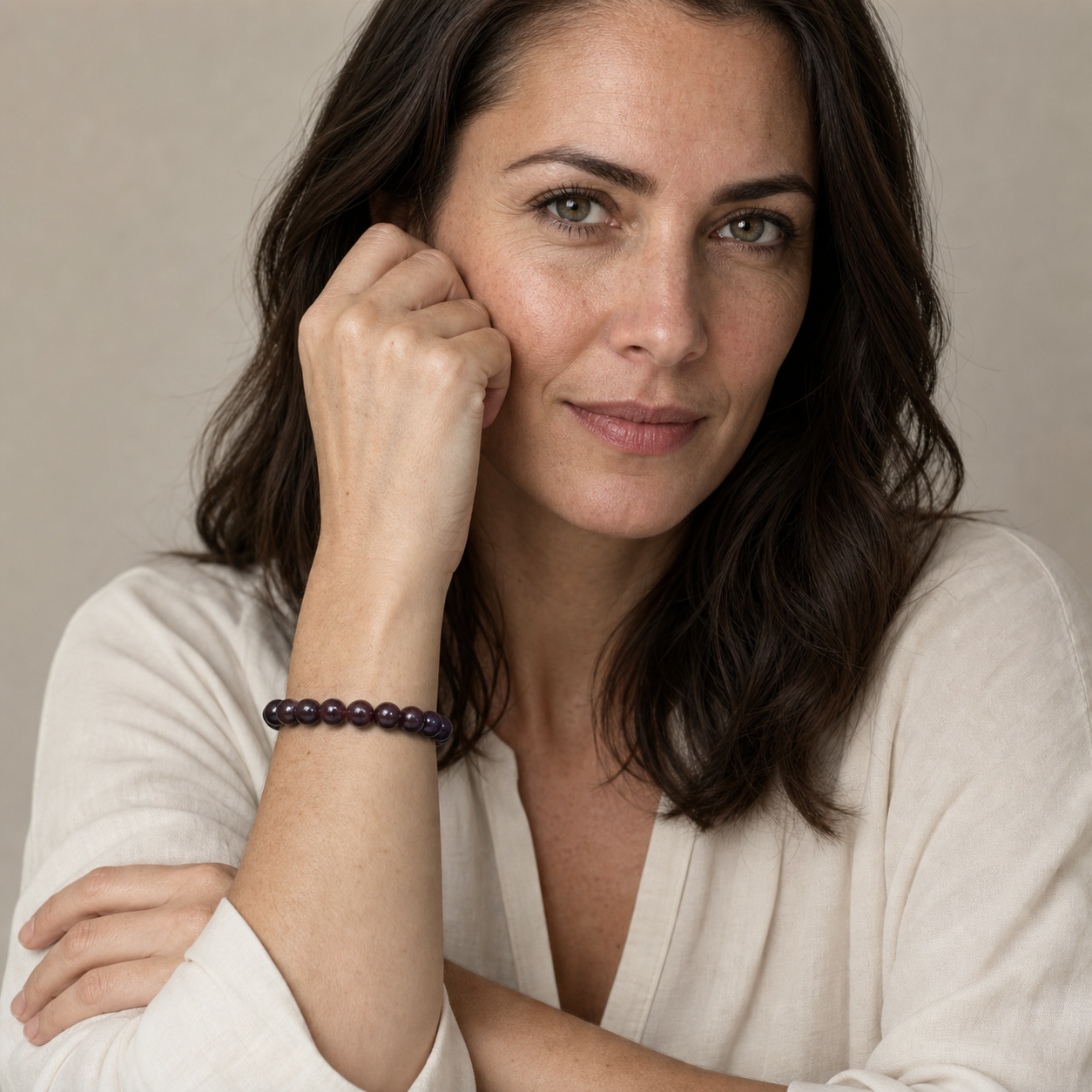 Iolite styled on a woman in a close product view