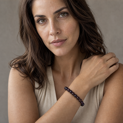 Iolite worn by a woman with the bracelet in focus
