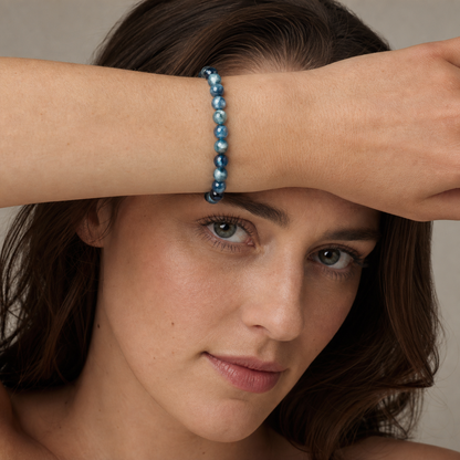 Kyanite worn by a woman with the bracelet in focus
