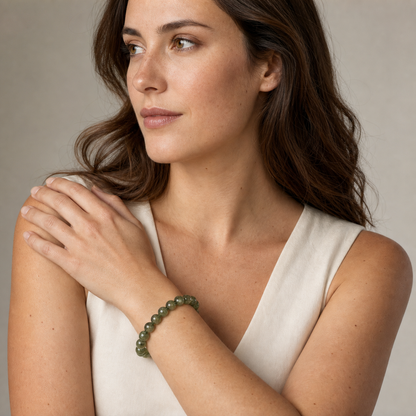 Green Apatite worn by a woman with the bracelet in focus