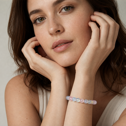 Morganite worn by a woman with the bracelet in focus
