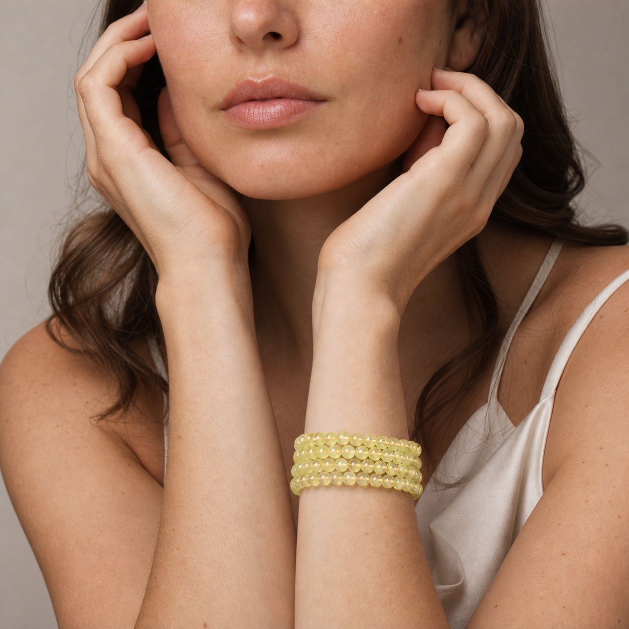 Prehnite worn by a woman