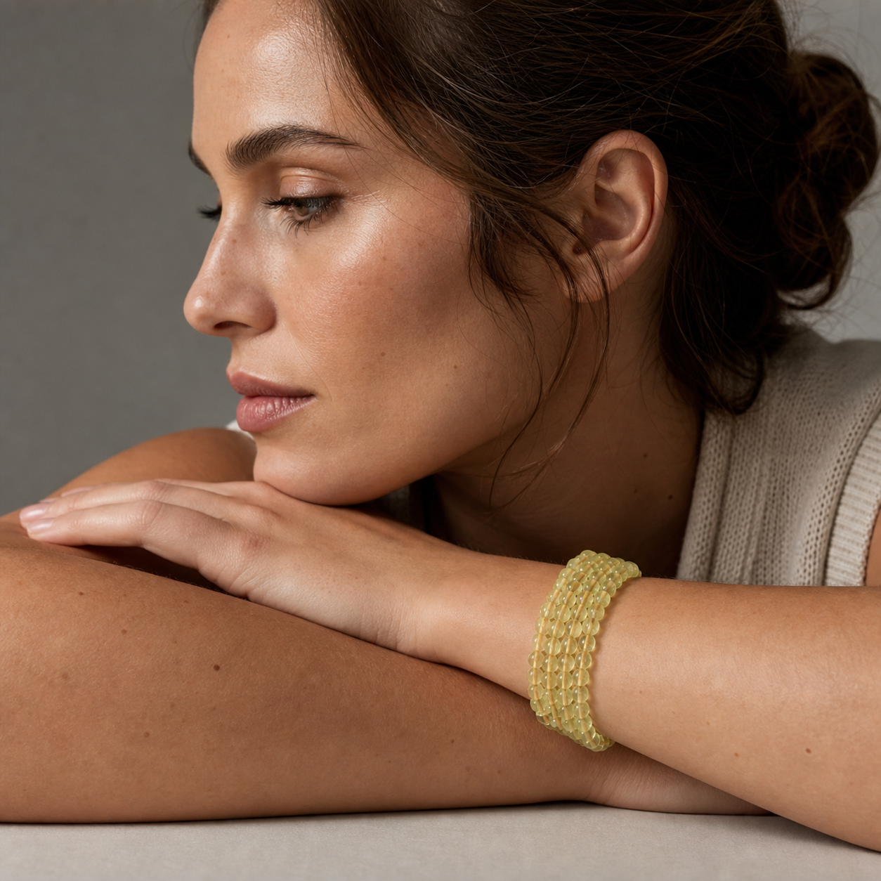 Prehnite shown on a woman from a second angle