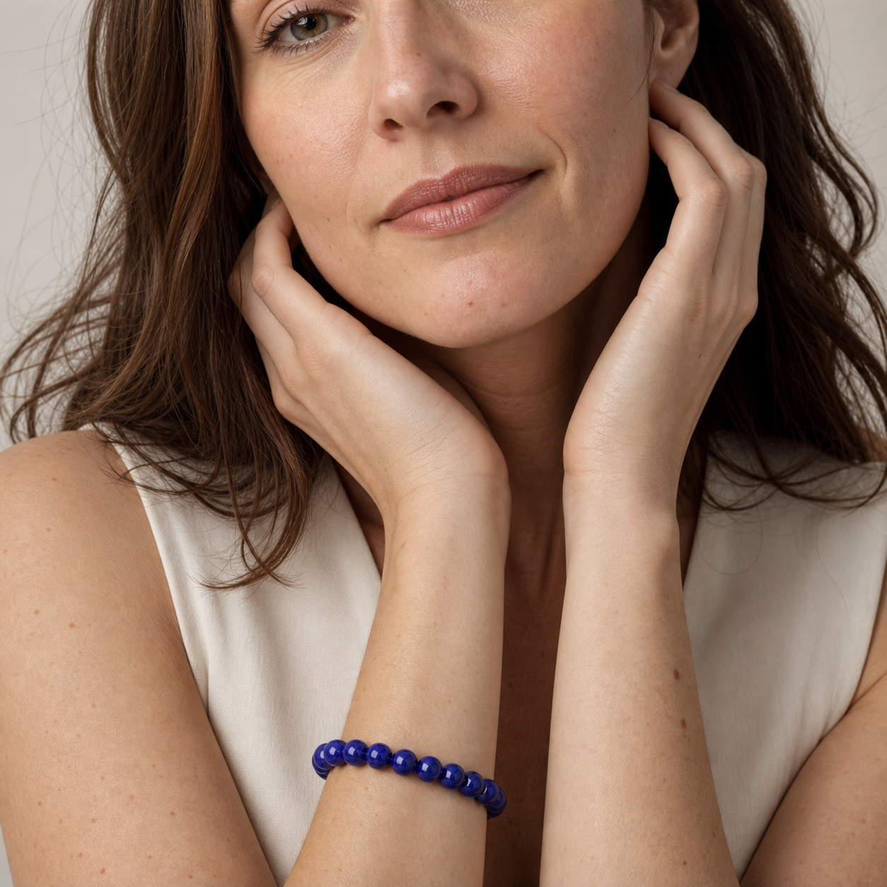 Lapis Lazuli worn by a woman with the bracelet in focus