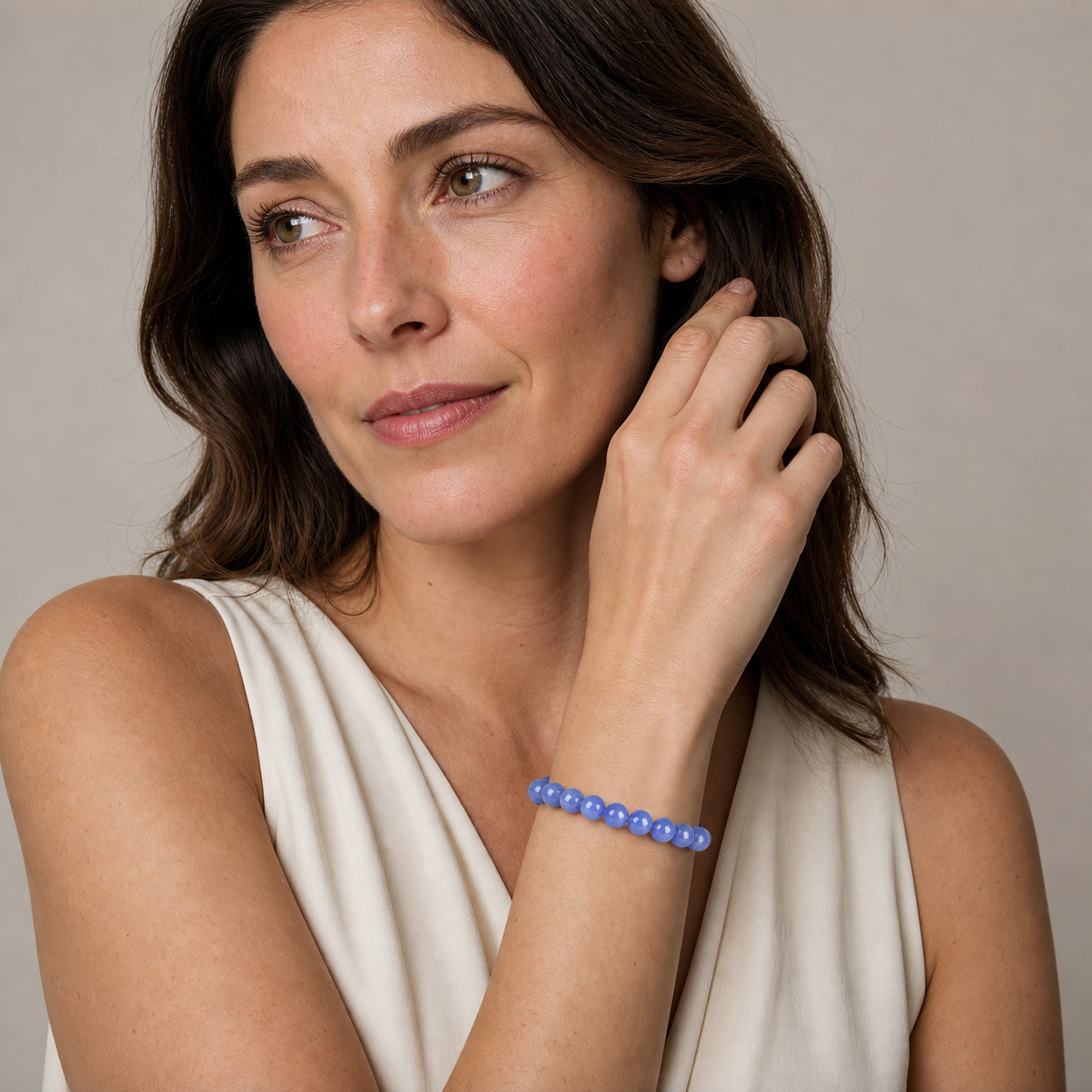 Tanzanite styled on a woman in a close product view