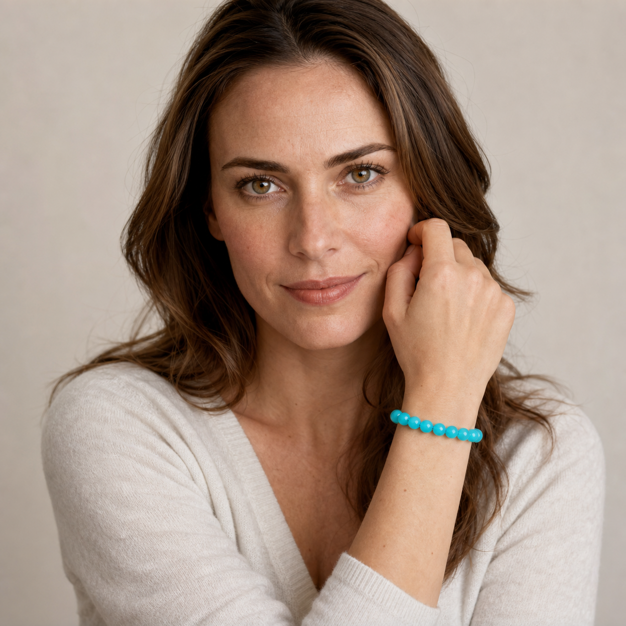 Amazonite worn by a woman with the bracelet in focus