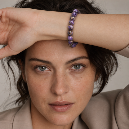 Charoite worn by a woman