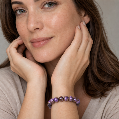 Charoite shown on a woman from a second angle