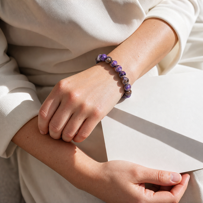 Close wrist detail of Charoite