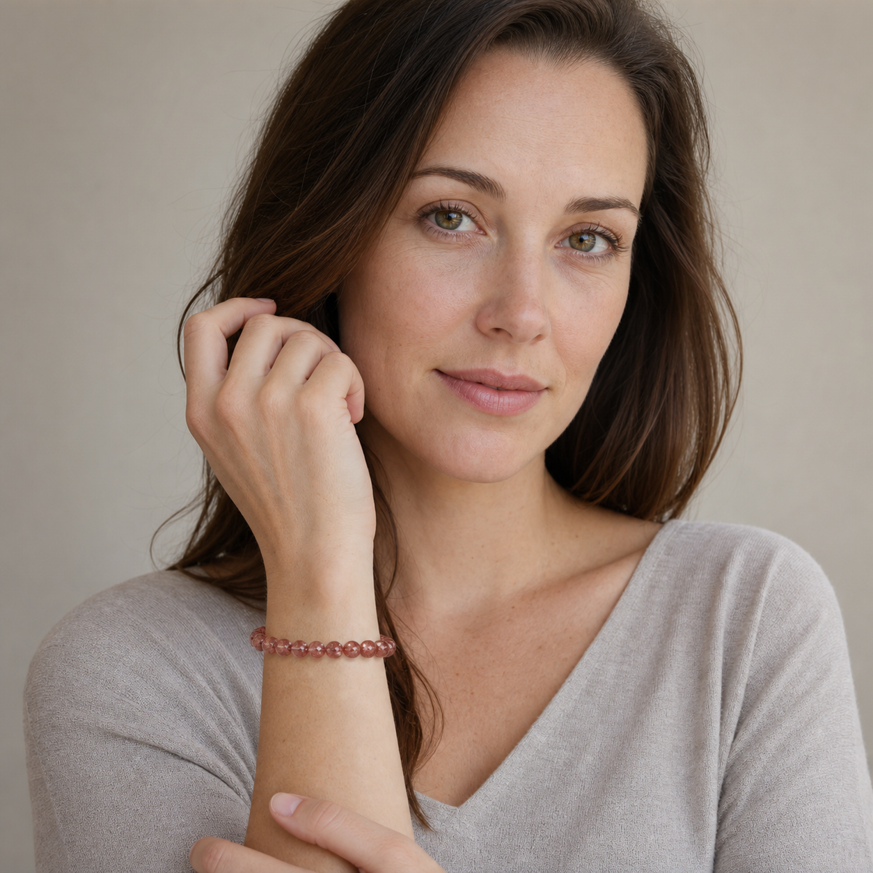 Strawberry Quartz styled on a woman in a close product view