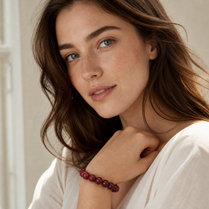 Cherry Red Strawberry Quartz shown on a woman from a second angle
