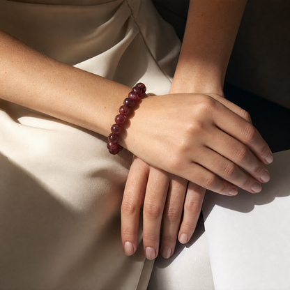 Close wrist detail of Cherry Red Strawberry Quartz