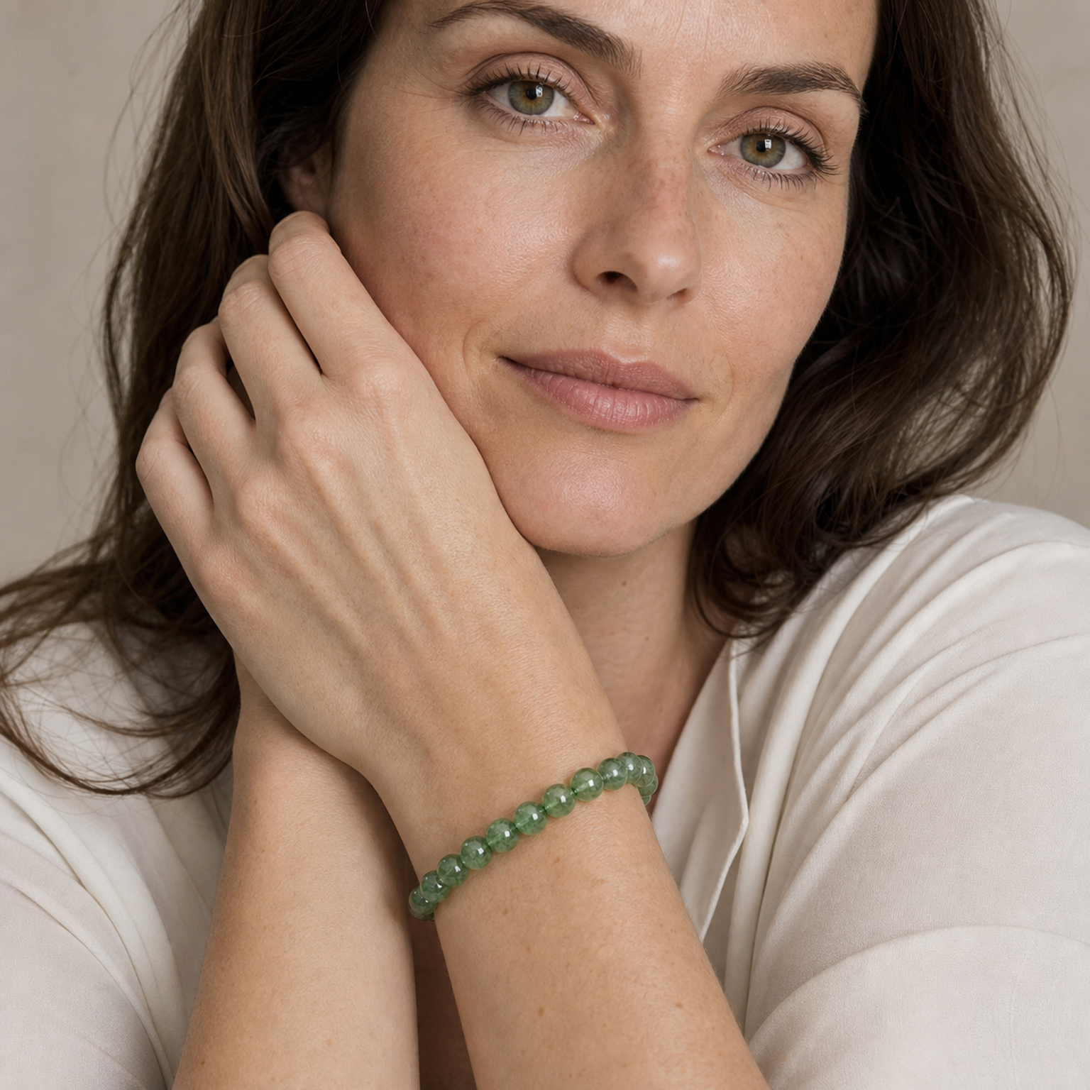 Green Strawberry Quartz worn by a woman