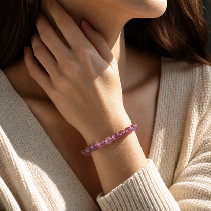 Close wrist detail of Pink & Purple Super Seven