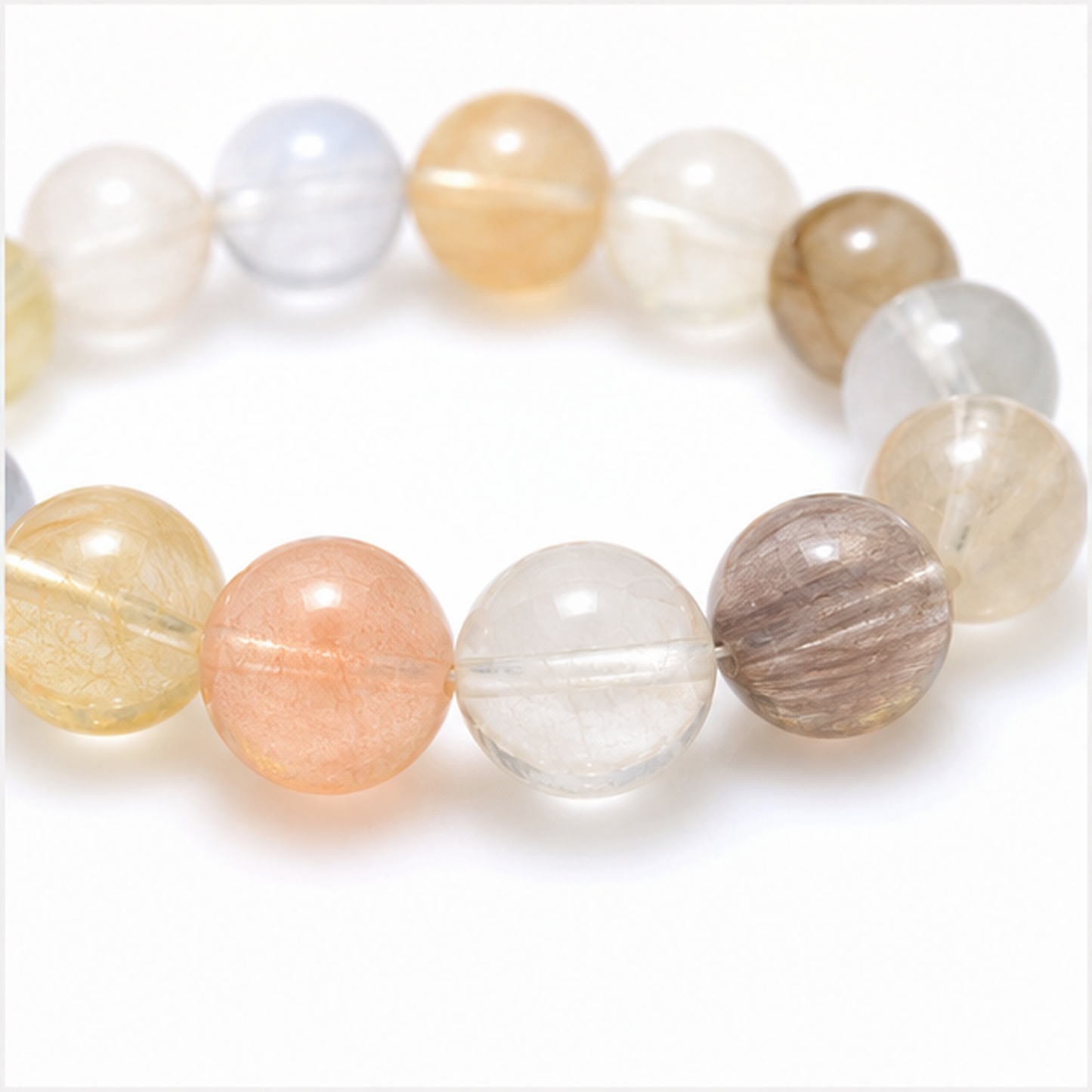 Close-up of Multicolor Rutilated Quartz bead colour and surface detail