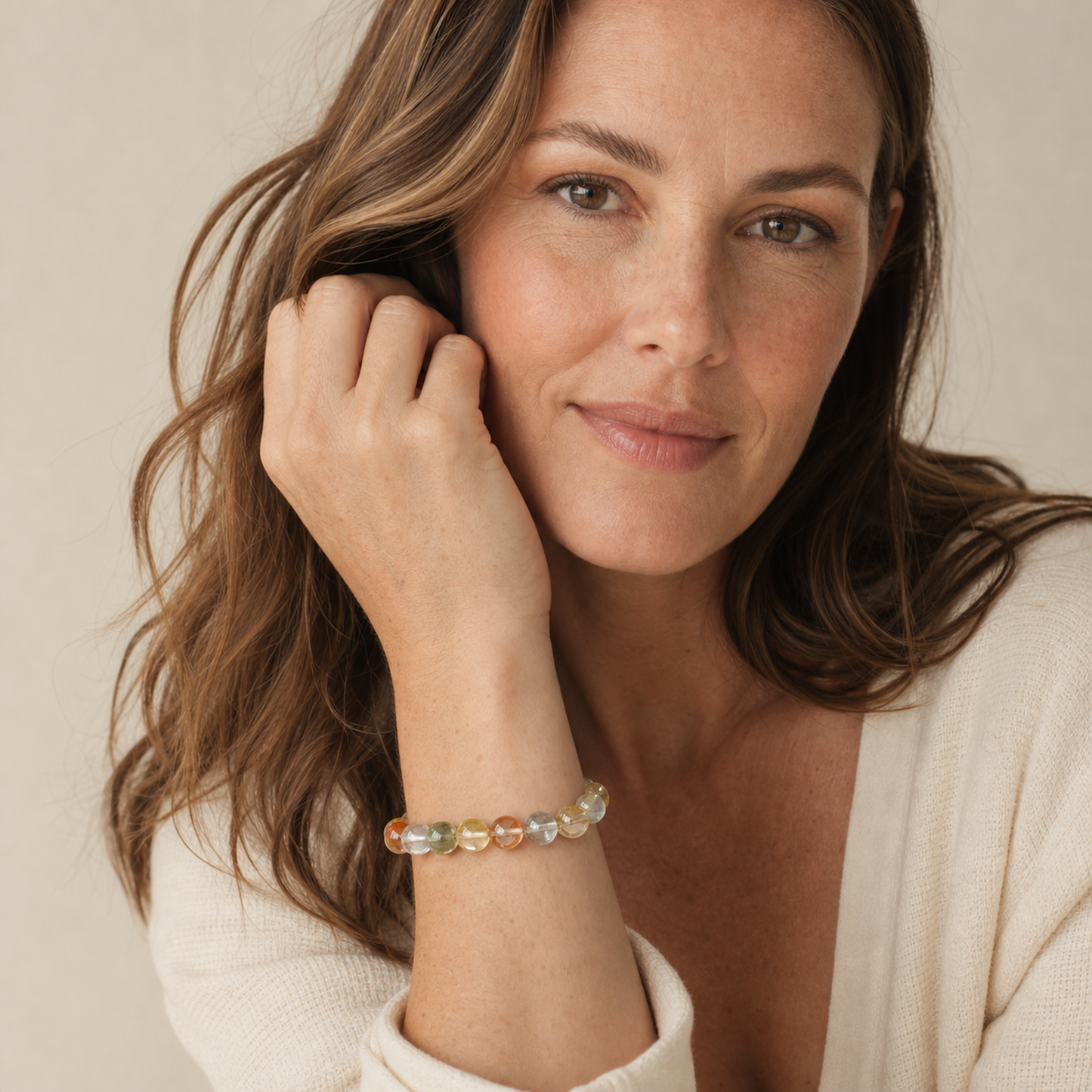 Multicolor Rutilated Quartz shown on a woman from a second angle