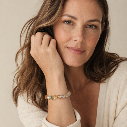 Multicolor Rutilated Quartz shown on a woman from a second angle