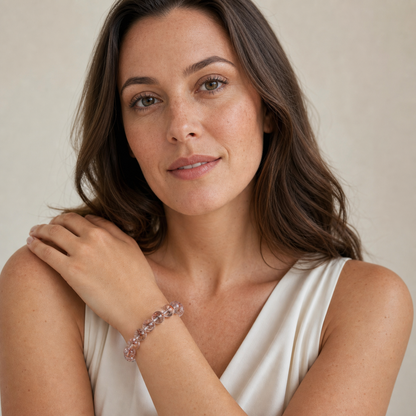 Red Rutilated Quartz worn by a woman with the bracelet in focus