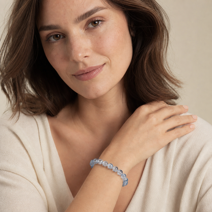 Blue Rutilated Quartz styled on a woman in a close product view
