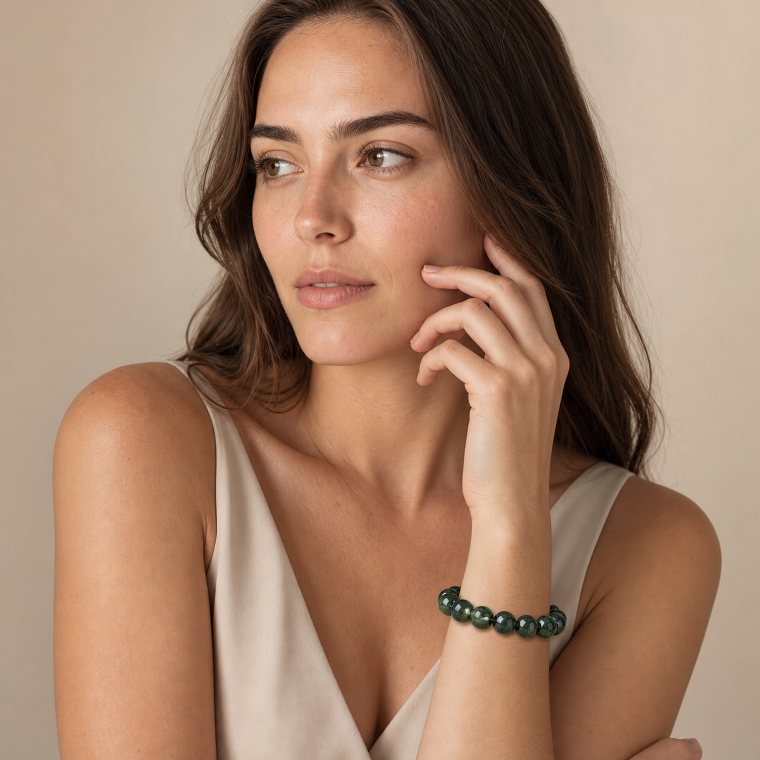 Green Rutilated Quartz worn by a woman