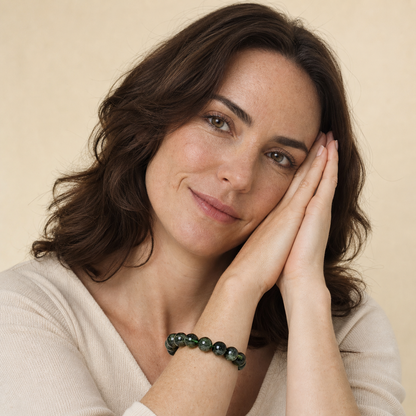 Green Rutilated Quartz shown on a woman from a second angle